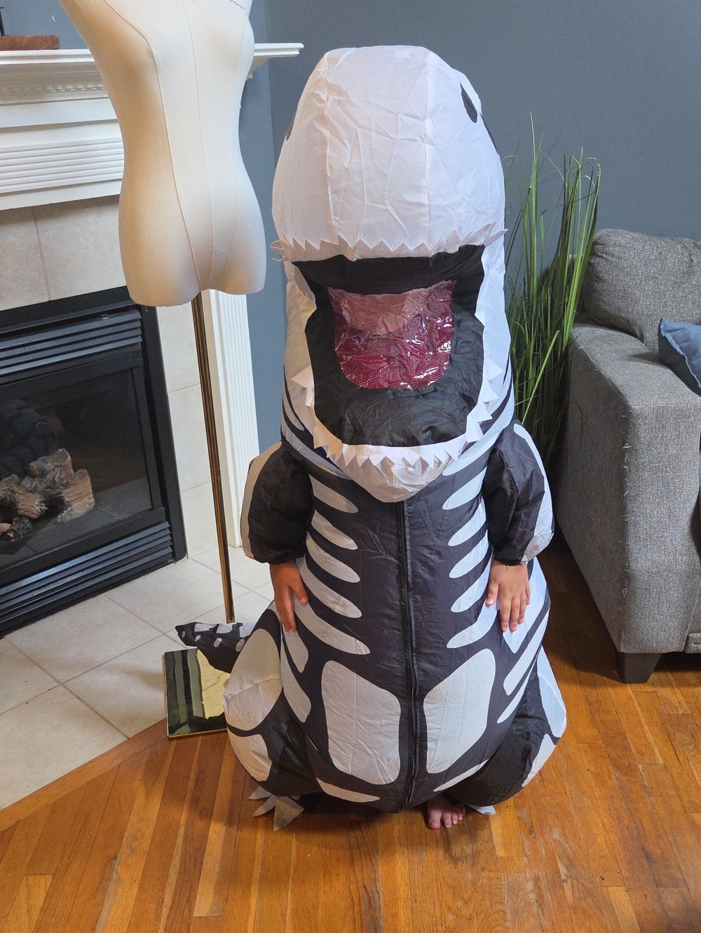 Inflatable Skeleton Dino Kids Costume - White & Black- Small